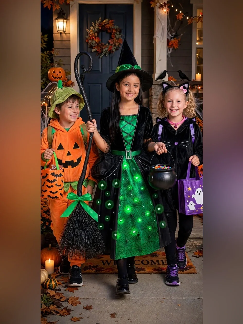 Poshetion Girls Witch Costumes, Light Up Halloween Witch Dress with Witch Broom